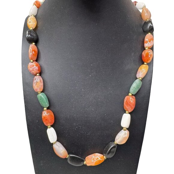 Vintage Jewelry - Vintage Beggars Bead Chunky Multi Gemstone Beaded Necklace Brass Accents 27"